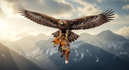 Golden Eagle Predation: Flying Eagle Carrying a Red Fox in its Talons over Mountain Landscape