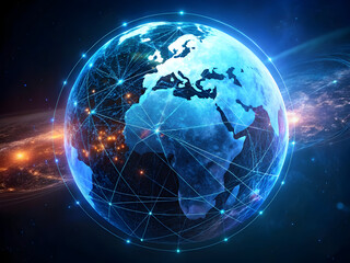 Fototapeta premium Glowing Blue Earth Globe with Digital Network Connections in Outer Space planet world