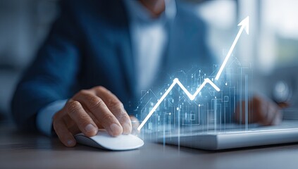 Businessman using computer mouse, upward trend graph overlay