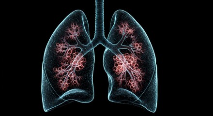 Medical visualization of the human respiratory system, showcasing the intricate network of bronchi and alveoli highlighted in red on a black background