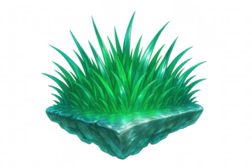 Verdant grass growing on suspended rocky surface, presenting isolated landscape with ethereal quality against minimalist backdrop