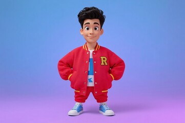 Smiling cartoon boy, red jacket, studio, purple background, animation