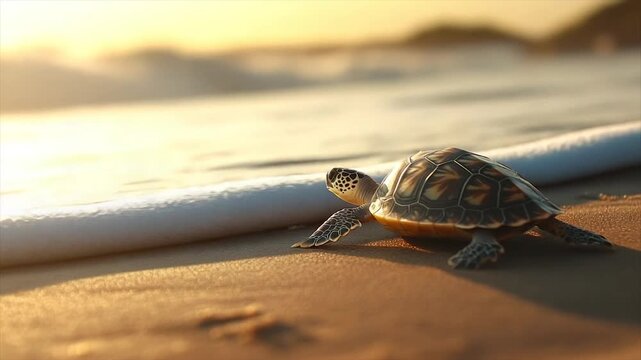 Tiny sea turtle on sandy beach, sunrise