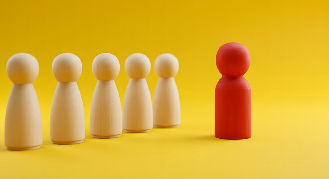 Red Wooden Figure Leading Five Natural Peg Dolls on Yellow Background