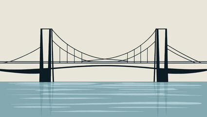 Fototapeta premium Modern suspension bridge silhouette over calm blue water artistic vector illustration