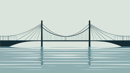 Fototapeta premium Modern suspension bridge over calm water reflecting in minimalist vector illustration