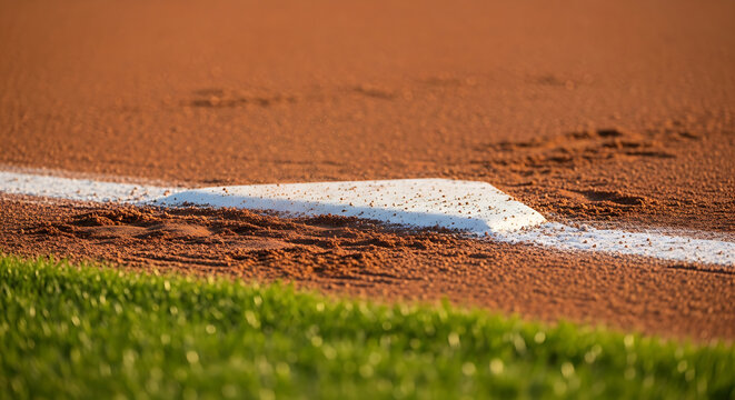 Baseball diamond dirt infield grass first base during a sunny game day with soft focus background