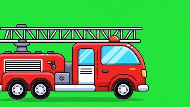 Cartoon Fire Truck Moving Sideways with Ladder Extended on Bright Green Background