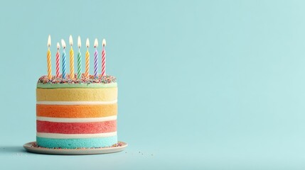 Colorful layered cake with lit candles on a light blue background (1)