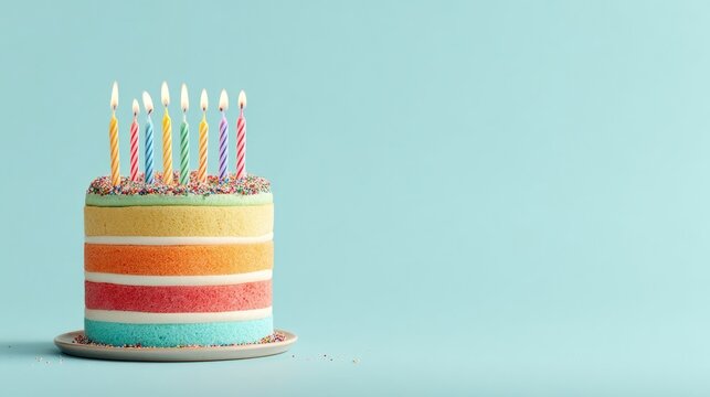 Colorful layered cake with lit candles on a light blue background (1)