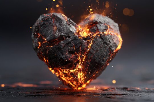 Burning, cracked stone heart engulfed in flames - Powered by Adobe