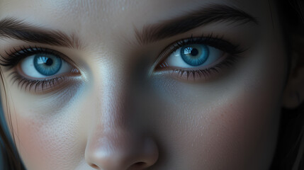 Woman's intense blue eyes gazing, dark background, beauty portrait
