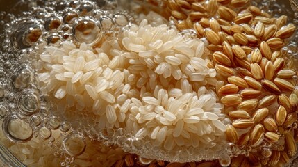High-Grade Japanese Rice Grains Soaking in Water with Bubbles