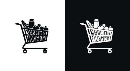 An outline style shopping cart full of food, a modern icon for an online grocery store, a delivery app, or a supermarket flyer.