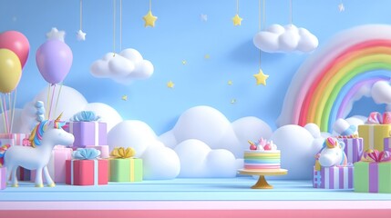 Pastel-colored, 3D birthday scene with unicorn, presents, cake, rainbow, and balloons