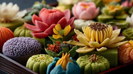 Fototapeta premium Intricate Japanese Confectionery Art of Wagashi with Floral Design