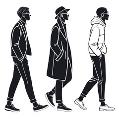vector illustration of three stylish men walking, side view silhouette, modern urban fashion outfits, casual and trendy streetwear, isolated on white background