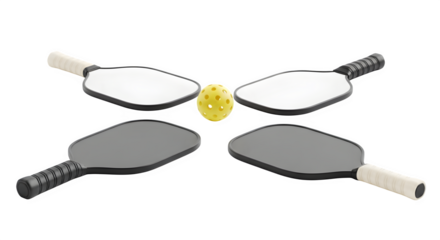 Four paddles with yellow pickleball arranged minimal style on clear transparent background