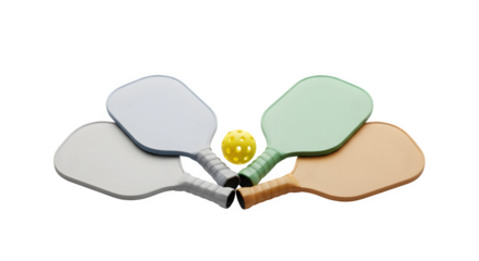 Modern minimalist pickleball paddles and ball clean composition on transparent background