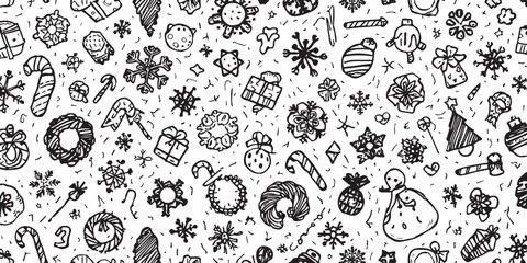 Festive Doodle Christmas and New Year Seamless Pattern with Hand Drawn Holiday Elements for Scrapbooking and Wrapping Paper Design