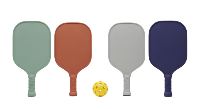 Four pickleball paddles arranged neatly with ball isolated on transparent background