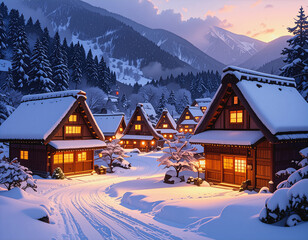 Shirakawa-go village covered in snow, traditional thatched houses, glowing lights, 8K