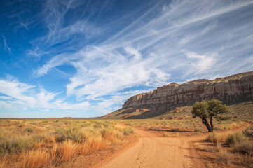 Arid desert landscape with dirt road leading to layered sandstone cliffs under wispy clouds track