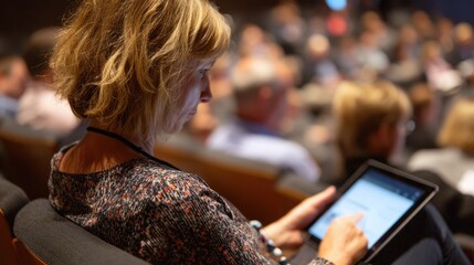 Medium shot of a parent studying a digital tablet showing NIL guidelines auditorium setting with blurred seminar speakers behind.
