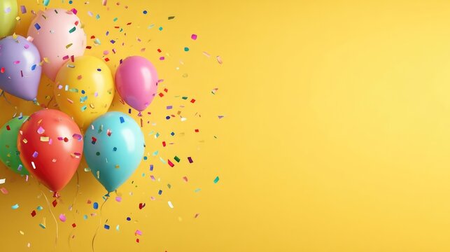 Colorful balloons and confetti on a bright yellow background