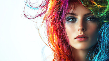 Fototapeta premium A woman with vibrant, colorful hair, wearing a black top, standing in front of a white background.