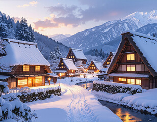 Shirakawa-go village covered in snow, traditional thatched houses, glowing lights, 8K