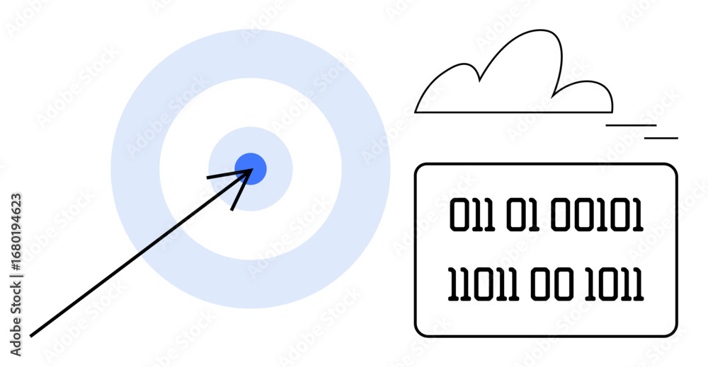 Poster arrow piercing bullseye target, binary code block, and minimalist cloud shape. ideal for technology,