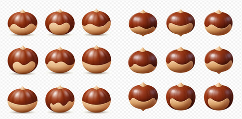 A collection of shiny brown chestnuts with their lower parts peeled, arranged on a transparent background.