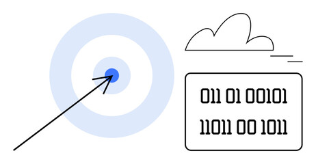 Arrow piercing bullseye target, binary code block, and minimalist cloud shape. Ideal for technology, precision, data storage, cloud computing, artificial intelligence, cybersecurity software