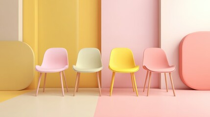 Obraz premium Four pastel chairs against colorful walls