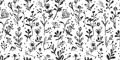 Fototapeta premium Hand Drawn Botanical Pattern with Flowers and Leaves in Black and White for Textile Design and Wallpaper Art Prints