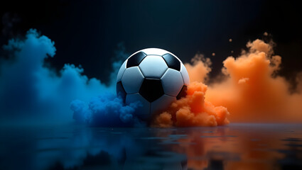 Fototapeta premium Soccer ball with blue and orange smoke on a wet reflective surface with dark background football sport