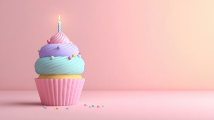 Pastel cupcake with a lit candle on a pink background