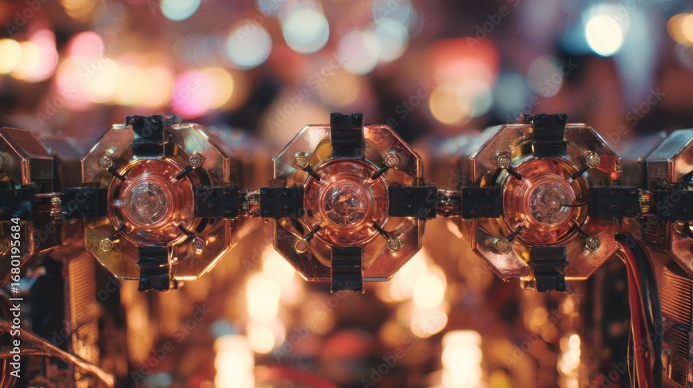Poster clear focus on a stacked array of mixed metal cooling system parts featuring copper and aluminum rad