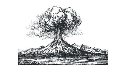 Volcanic eruption spewing ash cloud and lava flows over mountainous landscape. Vector hand drawn illustration