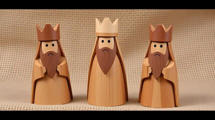 Wooden Three Kings Figurine Set. Three wooden figurines in the likeness of the three kings with crowns on a burlap background.