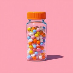 Clear glass bottle filled with colorful pills on pink background