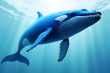 Naklejka premium Blue whale swims underwater with sunlight filtering.
