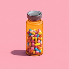 Amber glass bottle filled with colorful pills on a pink background (1)