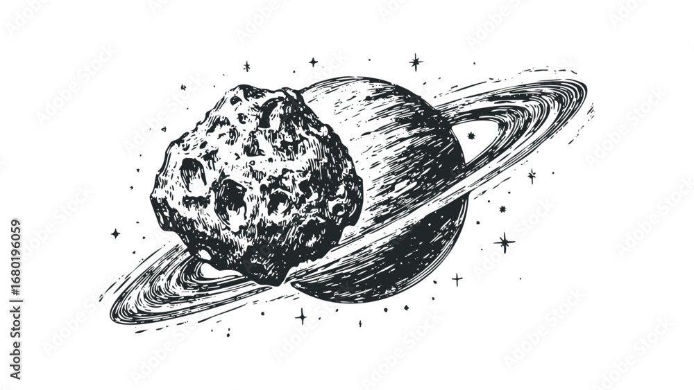 Wall mural black and white sketch of asteroid near ringed planet in starry expanse. vector hand drawn illustrat