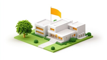 Isometric 3D model of a modern school building with a flag, tree, and shrubs