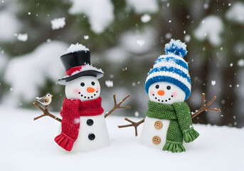 Obraz premium Two Cheerful Snowmen with Hats and Scarves in Snowy Outdoors winter falling snow