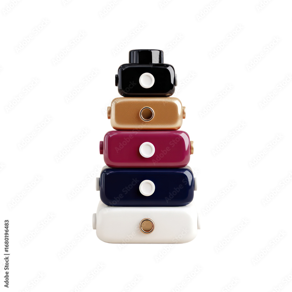 Poster stack of five colorful rectangular boxes some with white circular accents against a transparent back