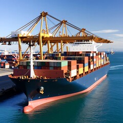 Fototapeta premium Massive Container Ship Being Loaded at a Bustling Port Under a Clear Blue Sky.