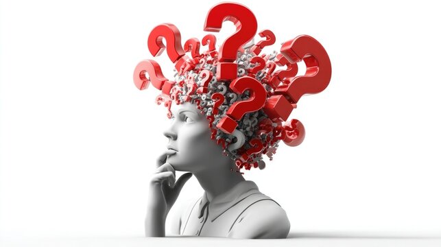 A pensive figure, head surrounded by red question marks